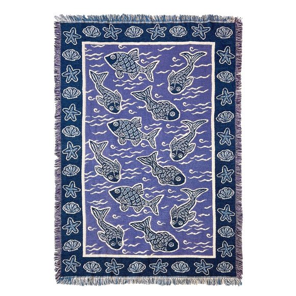 Vintage Fish and Shells Cotton 3 Layer Jacquard Woven Throw from Rug Barn - Picture 1 of 6